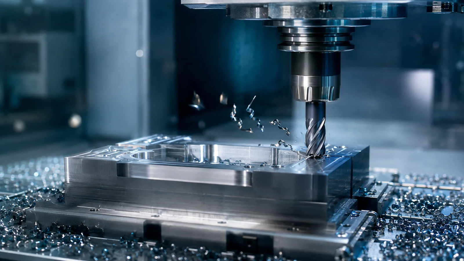CNC milling process with a cutting tool machining a metal workpiece